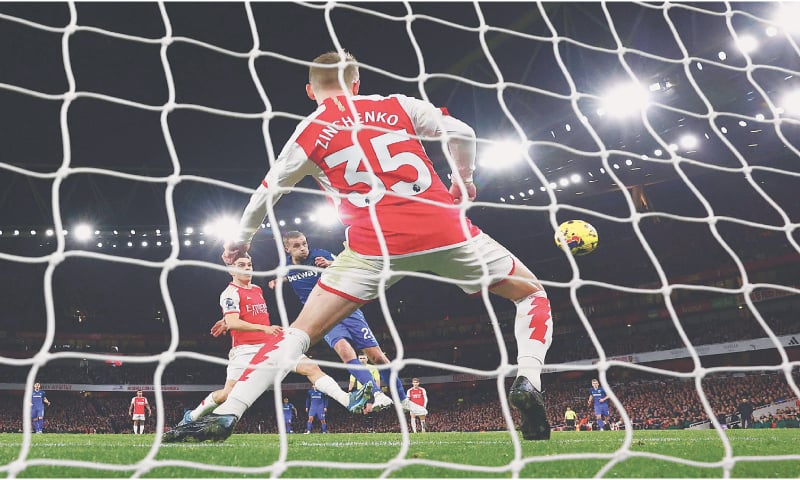 LONDON: Tomas Soucek (C) of West Ham United shoots to score against Arsenal during their Premier League match at the Emirates Stadium.&mdash;AFP