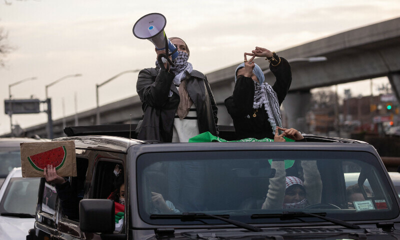 Protesters rally during the &ldquo;Global Strike for Gaza!&rdquo; in support of Palestinians near John F. Kennedy International Airport on January 1, 2024, in the Brooklyn borough of New York. &mdash; AFP