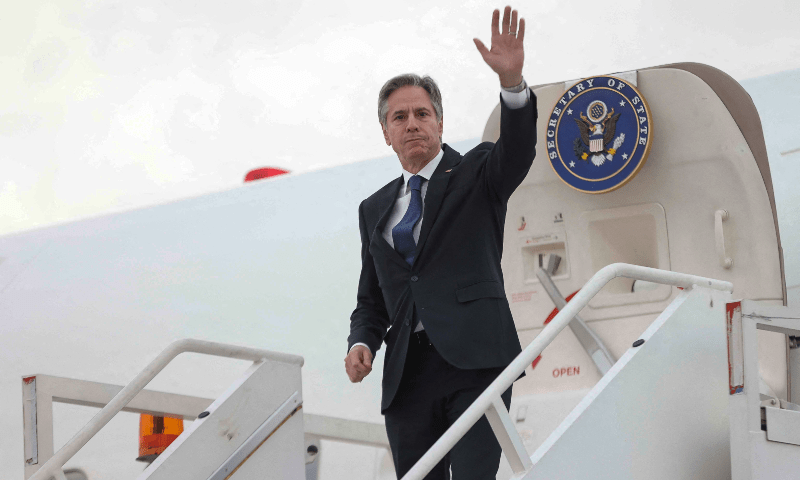  US Secretary of State Antony Blinken boards a plane at the &ldquo;Felipe Angeles&rdquo; International Airport in Zumpango, Mexico on Dec 27, 2023.  &mdash; AFP 