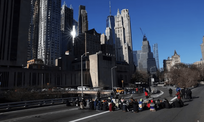 Pro-Palestinian demonstrators block a Brooklyn Bridge roadway during a &lsquo;Shut it Down for Palestine&rsquo; protest in New York City, USA, on January 8, 2024. &mdash; Reuters