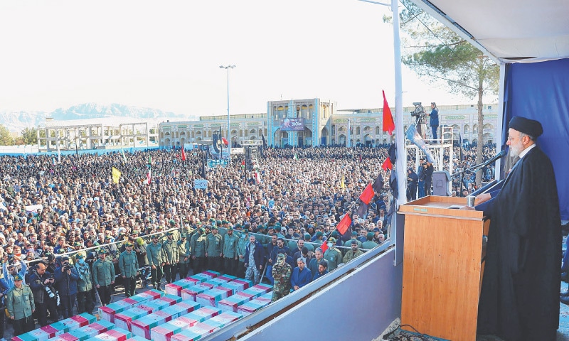President Ebrahim Raisi addresses mourners on Friday, during the funeral of 89 people who were killed in the twin explosions during the commemoration of the death anniversary of Revolutionary Guards General Qasem Soleimani in Kerman.&mdash;AFP