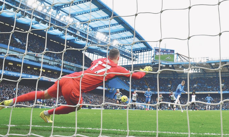 LONDON: Chelsea&rsquo;s Cole Palmer scores from a penalty past Fulham goalkeeper Bernd Leno during their Premier League match at Stamford Bridge on Saturday.&mdash;Reuters