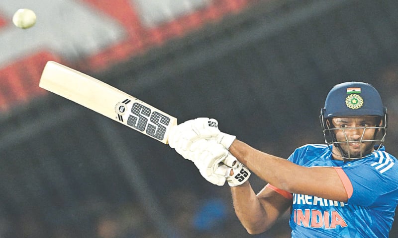 Indian batter Shivam Dube plays a shot during the second Twenty20 International against Afghanistan at the Holkar Stadium on Sunday.&mdash;AFP