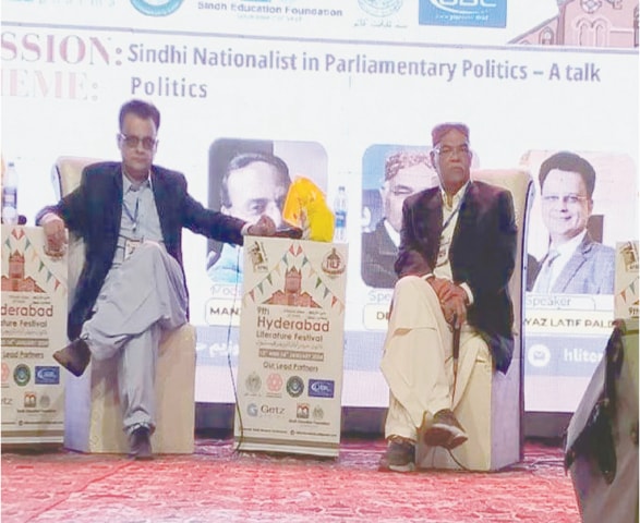 STP Chairman Dr Qadir Magsi (right) and QAT chief Ayaz Latif Palijo share their views with audience in a session at Hyderabad Literature Festival.&mdash;Dawn