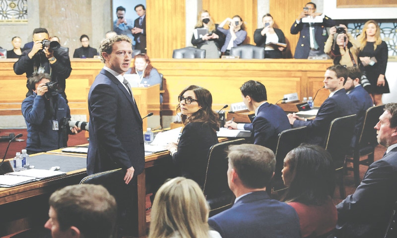 Mark Zuckerberg, the chief executive of Meta, addresses victims and their family members during a hearing of the US Senate&rsquo;s judiciary committee, on Wednesday.&mdash;AFP