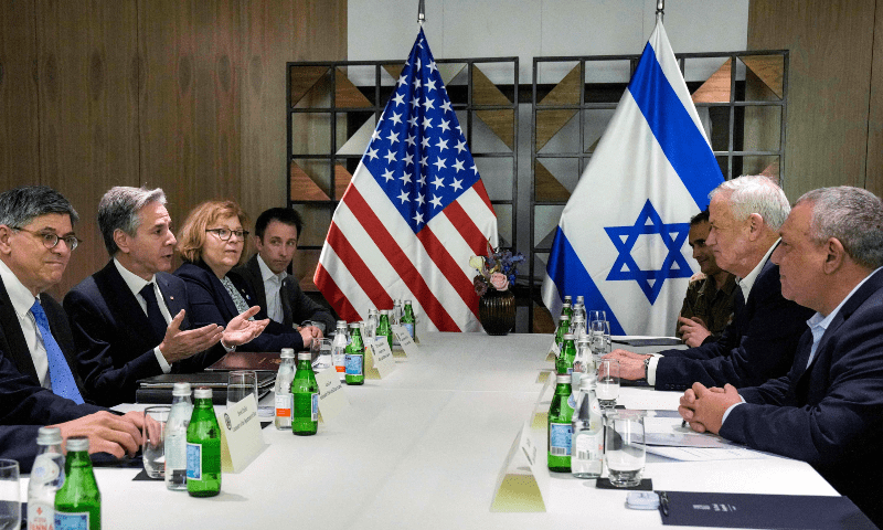 Blinken (2nd-L) meets with former Israeli army chief of staff Gadi Eisenkot (R) and former Israeli Defence Minister Benny Gantz (2nd-R) in Tel Aviv on Feb 8, 2024. — AFP