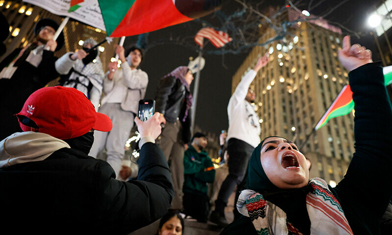 People gather for a rally calling on Israel to stop its Rafah invasion in Gaza at the Fox Corporation headquarters on February 12, 2024 in New York City.&mdash;AFP