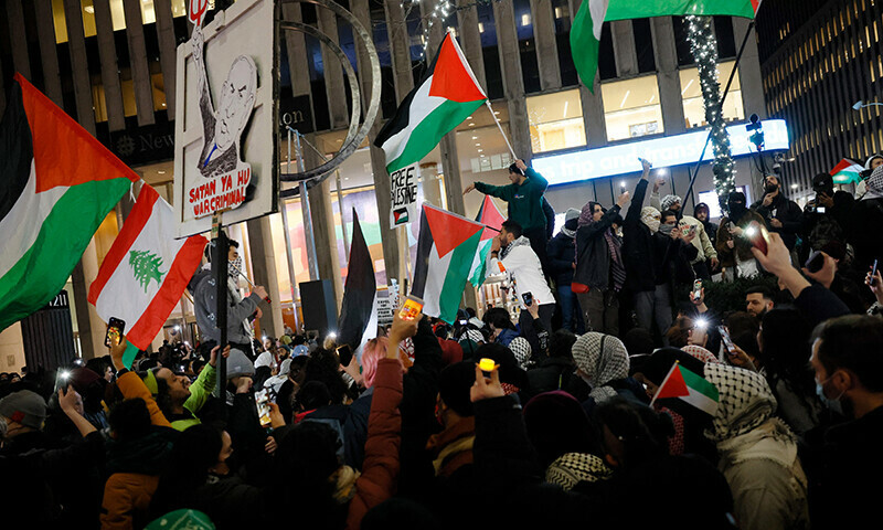 People gather for a rally calling on Israel to stop its Rafah invasion in Gaza at the Fox Corporation headquarters on February 12, 2024 in New York City.&mdash;AFP