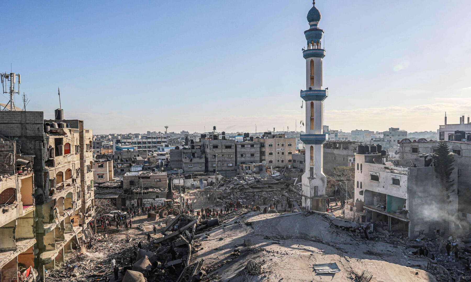 A general view shows destroyed building and the rubble of the al-Faruq mosque on February 22, 2024, following an overnight Israeli air strike in Rafah refugee camp in the southern Gaza Strip. — AFP