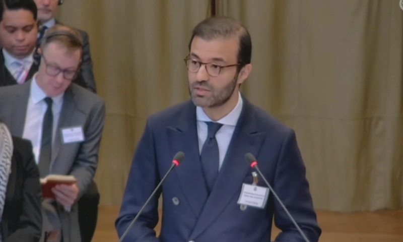 Interim Law Minister Ahmed Irfan Aslam speaks at the World Court. — DawnNewsTV