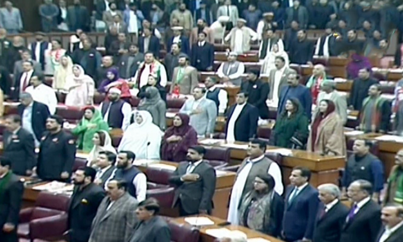  NA members stand while the national anthem is played in the lower house. &mdash; DawnNewsTV 