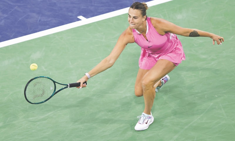 BELARUS&rsquo; Aryna Sabalenka hits a return against Peyton Stearns of the US during their Indian Wells second-round match at the Indian Wells Tennis Garden.&mdash;AFP