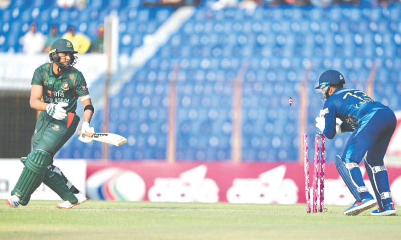 BANGLADESH batter Mahmudullah Riyad is stumped by Sri Lankan captain Kusal Mendis during the second ODI at the Zahur Ahmed Chowdhury Stadium on Friday.&mdash;AFP