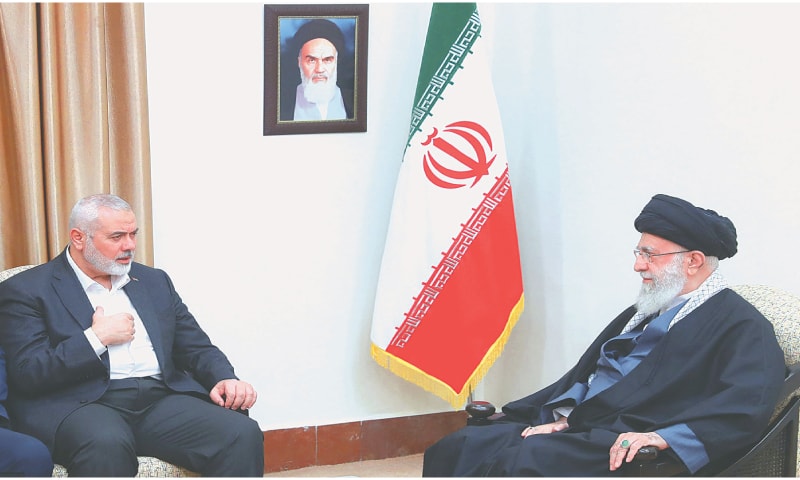 Tehran: Iran&rsquo;s Supreme Leader Ayatollah Ali Khamenei meets Ismail Haniyeh, Hamas&rsquo;s political bureau chief, on Tuesday.&mdash;AFP