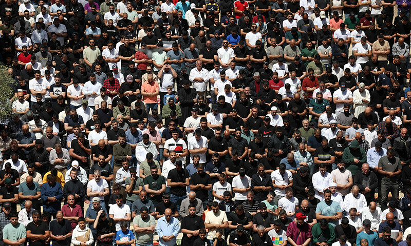 Palestinians perform the last Friday prayer of Ramazan at the Al-Aqsa mosque compound in Jerusalem, on April 5, 2024.&mdash;AFP