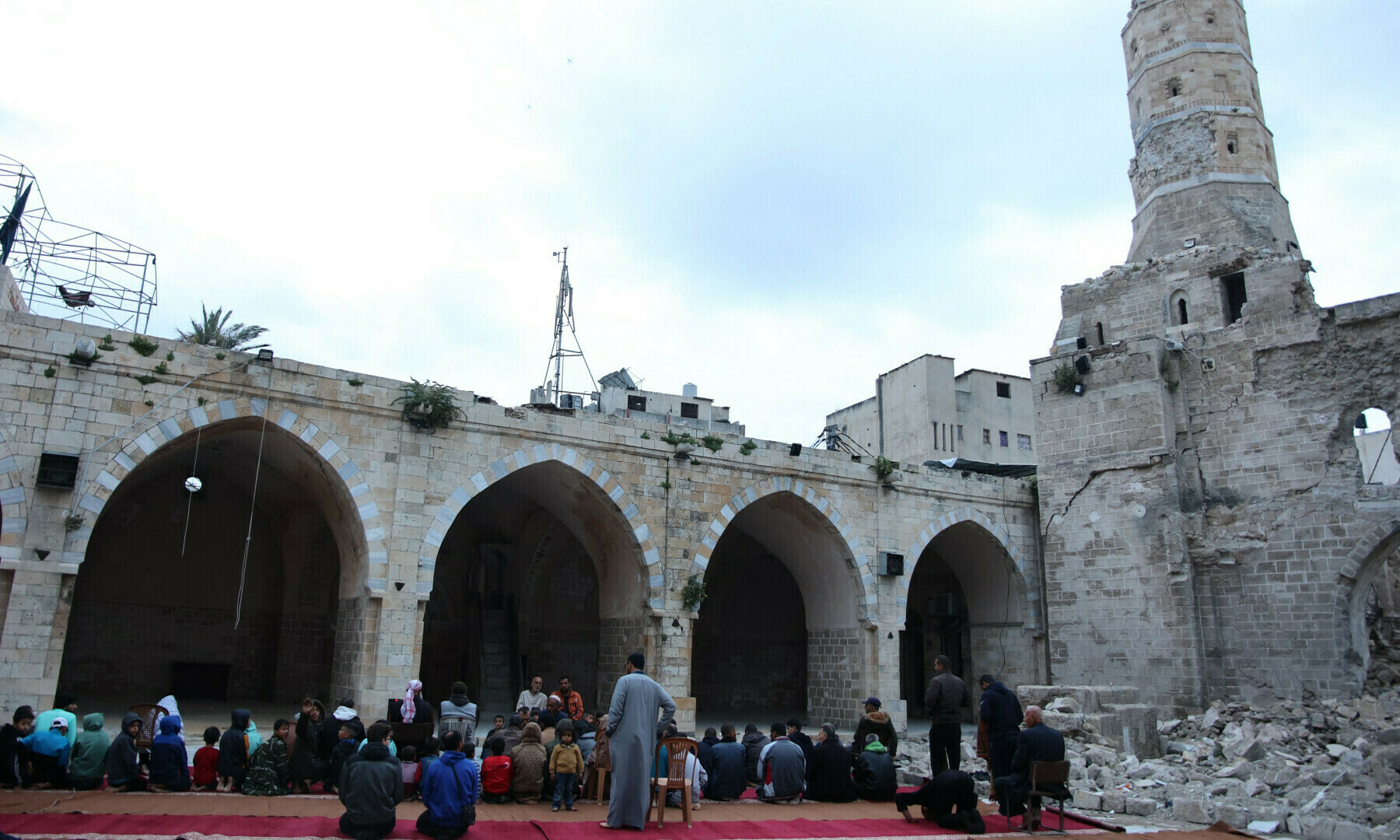  Palestinian worshippers gather on April 10 in the courtyard of Gaza City&rsquo;s historic Omari Mosque. &mdash; AFP 