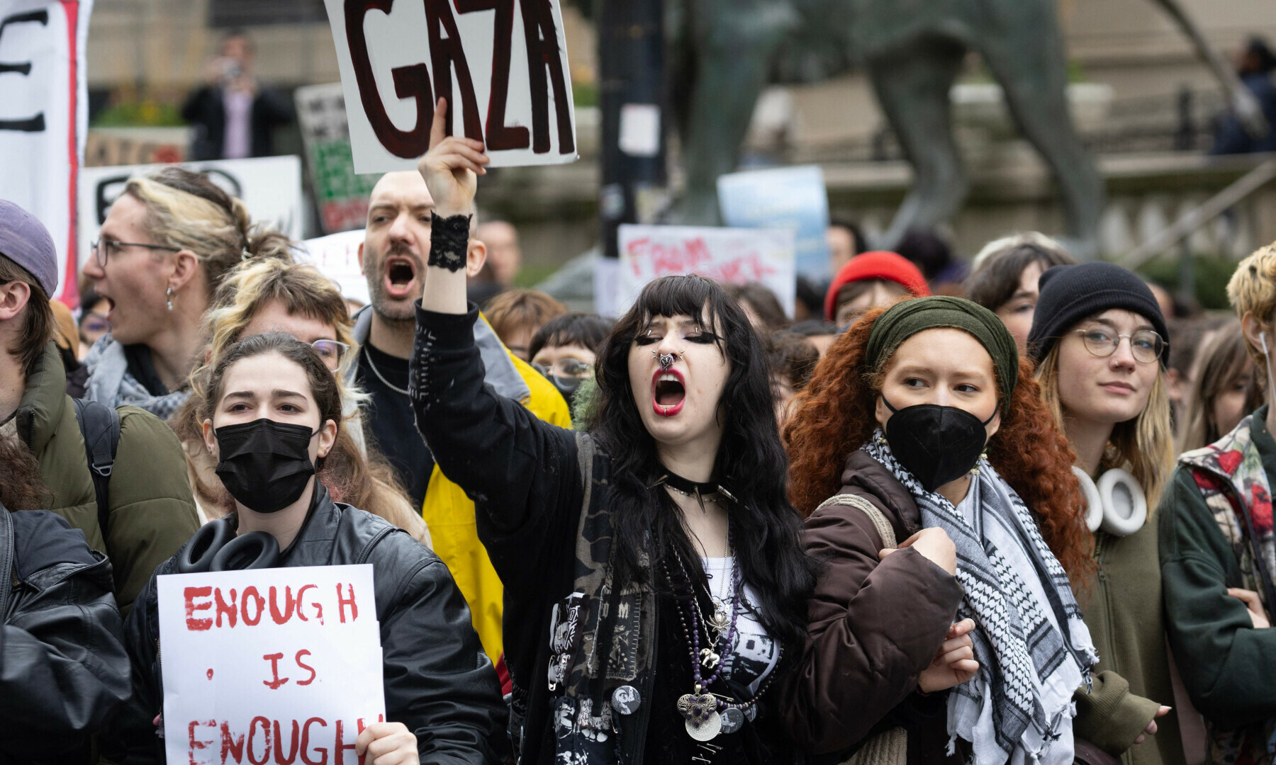  Students and faculty members from the School of the Art Institute of Chicago, Roosevelt College and Columbia College rally and march to show support for the Palestinian people in Gaza on April 26 in Chicago, Illinois. &mdash; AFP 