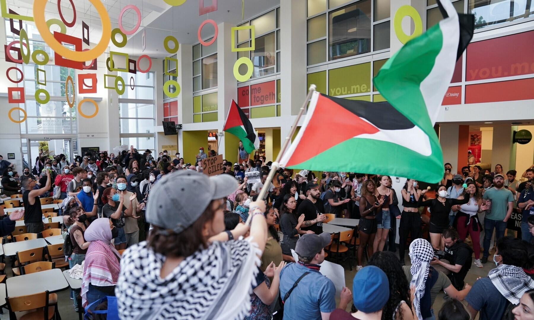  Demonstrators gather in a dining hall at Emory University as they protest in support of Palestinians, in Atlanta, Georgia, US on April 26. &mdash; Reuters 