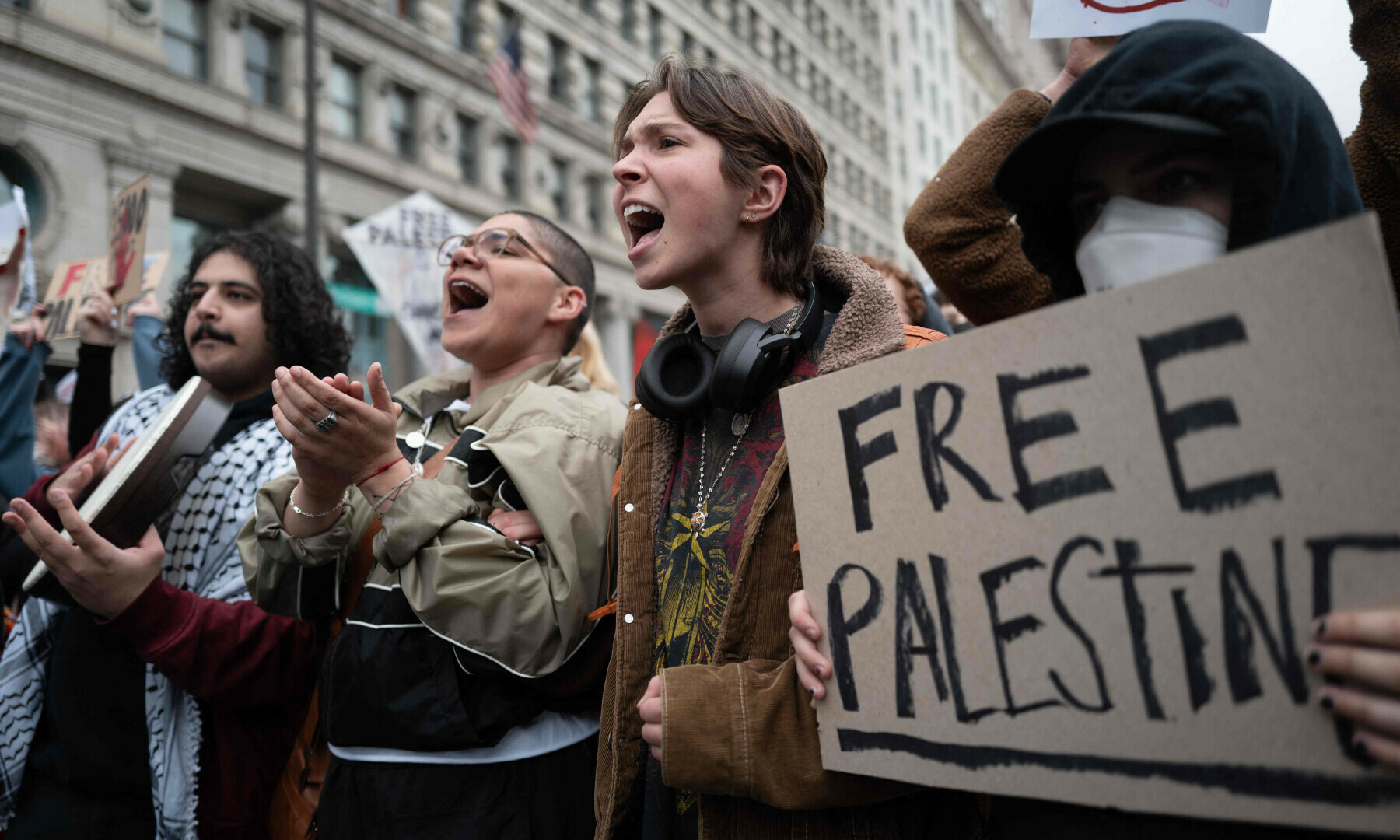  Students and faculty members from the School of the Art Institute of Chicago, Roosevelt College and Columbia College rally and march to show support for the Palestinian people in Gaza on April 26 in Chicago, Illinois. &mdash; AFP 