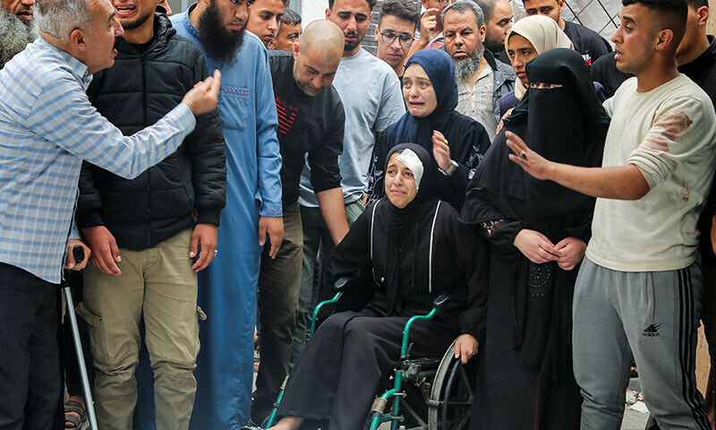Mourners react during the funeral of Palestinians killed in Israeli strikes in Rafah in the southern Gaza Strip on April 29. &mdash; REUTERS