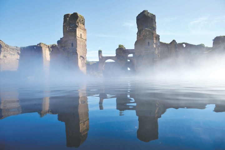 ROME: A view of the new water feature installed at the Baths of Caracalla which reflects the ancient Roman ruins like a mirror. The baths were the city&rsquo;s second largest public baths, likely built during the reigns of emperors Septimius Severus and Caracalla.&mdash;AFP