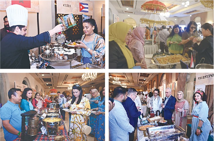 (Clockwise from top) Visitors enjoy cuisines at the stalls of embassies of the UAE, Indonesia, Palestine and Nepal at the International Food Festival in Islamabad on Sunday. — White Star