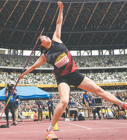 JAPAN&rsquo;S Haruka Kitaguchi competes in the women&rsquo;s javelin throw event during the Golden Grand Prix at the National Stadium on Sunday.&mdash;AFP