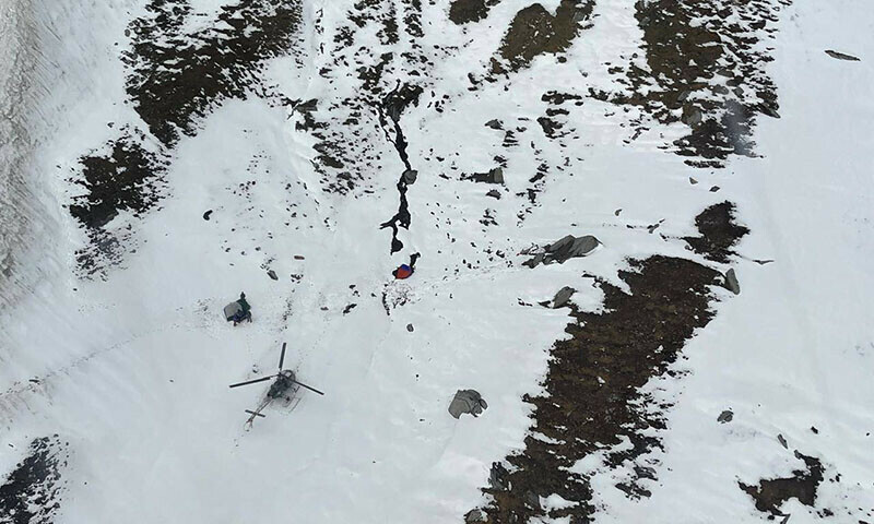 An Indian Air Force helicopter searches for missing trekkers in the Himalayas on June 5. &mdash; Indian Air Force (X)