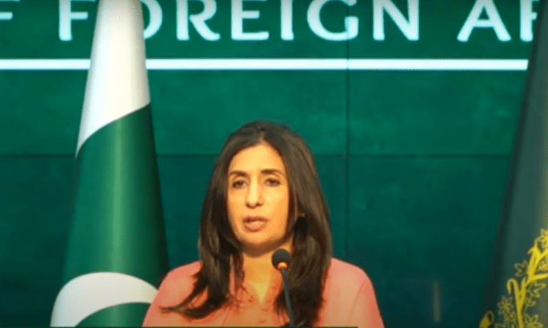 Foreign Office Spokesperson Mumtaz Zahra Baloch speaks at a weekly press briefing. &mdash; Screengrab via Ministry of Foreign Affairs