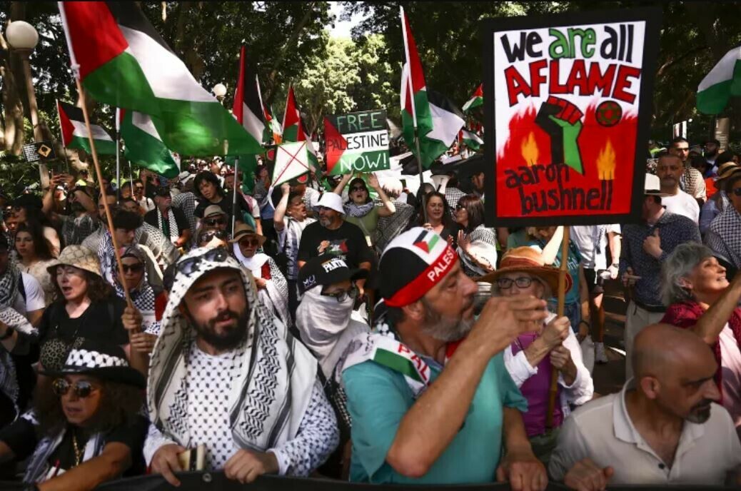 Members of the Australian-Palestinian community and supporters wave Palestinian flags as others hold placards and banners during a protest in central Sydney on March 3, 2024 &mdash;  AFP