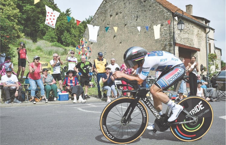 SOUDAL Quick-Step team&rsquo;s Belgian rider Remco Evenepoel cycles during the seventh stage of the Tour de France, a 25.3km individual time trial between Nuits-Saint-Georges and Gevrey-Chambertin, on Friday.&mdash;AFP