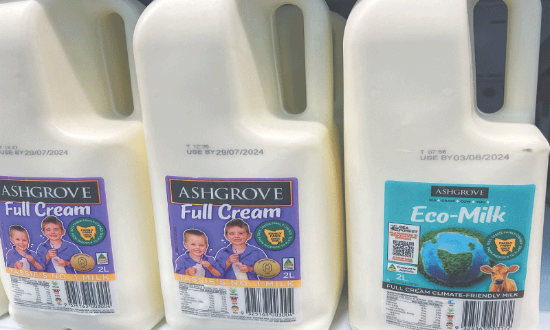 A BOTTLE of ‘Eco-Milk’, produced by cows fed with seaweed that makes them emit less greenhouse gas, sits on a supermarket shelf in Riverside, a town in Tasmania, Australia.—Reuters