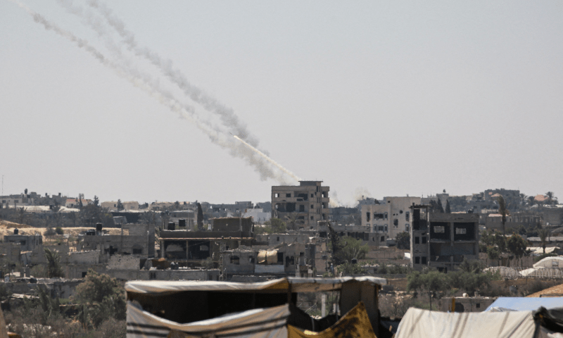  Rockets are fired from Khan Younis in the southern Gaza Strip towards Israel on Aug 5, 2024. &mdash; AFP 