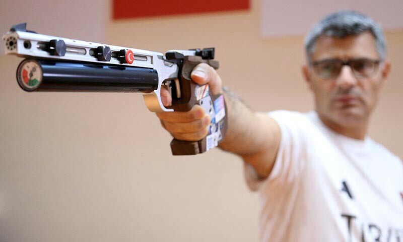 Turkish shooter Yusuf Dikec, who won the silver in the mixed team 10-meter air pistol event in the Paris 2024 Olympics combined with Sevval Ilayda Tarhan, is pictured during training in Ankara, Turkiye on Aug 8, 2024. — Reuters
