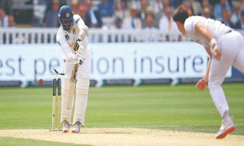 SRI LANKA&rsquo;S Angelo Mathews is cleaned up by England fast bowler Matthew Potts during the second Test at Lord&rsquo;s on Friday.&mdash;Reuters