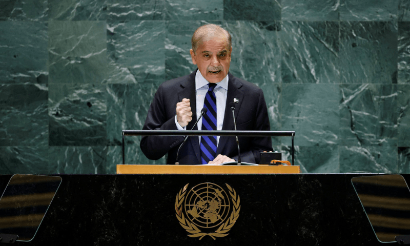 Prime Minister Shehbaz Sharif addresses the 79th United Nations General Assembly at UN headquarters in New York, US on September 27. &mdash; Reuters