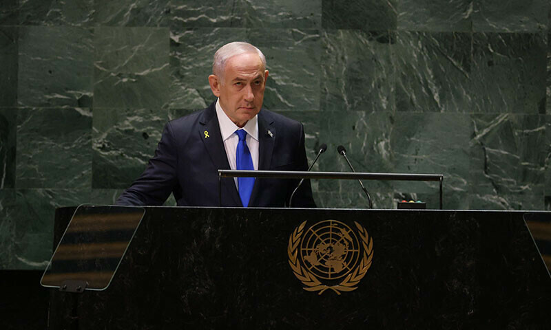 Israeli Prime Minister Benjamin Netanyahu speaks during the 79th Session of the United Nations General Assembly at the United Nations headquarters in New York City on September 27. — AFP
