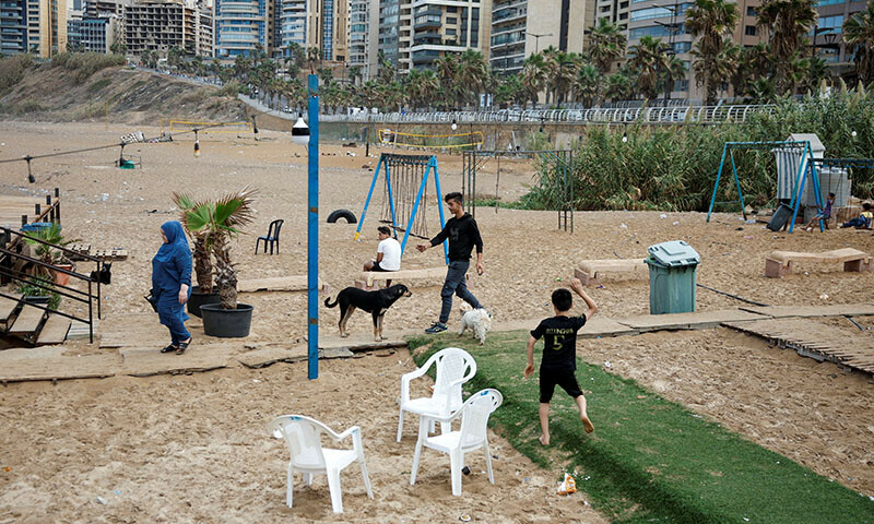 A view shows displaced children at a makeshift encampment where scores of displaced people live, amid cross-border hostilities between Hezbollah and Israeli forces, at a beach in Beirut, Lebanon on October 1. &mdash; Reuters