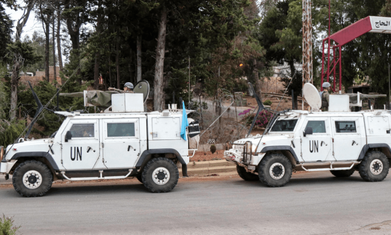 Vehicles of the United Nations Interim Force in Lebanon (UNIFIL) patrol in Marjeyoun in southern Lebanon on October 11. — AFP