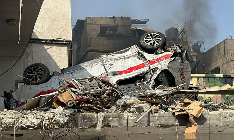 A picture shows the damage to an ambulance at the Kamal Adwan Hospital in Beit Lahia the northern Gaza Strip on October 26, 2024 amid the ongoing war in the Palestinian territory between Israel and Hamas. The health ministry in Hamas-run Gaza accused Israeli forces on October 25, of storming the last functioning hospital in the territory&rsquo;s north in a raid it said left two children dead, while the military told AFP it was unaware of live fire or strikes in the area. (Photo by AFP)