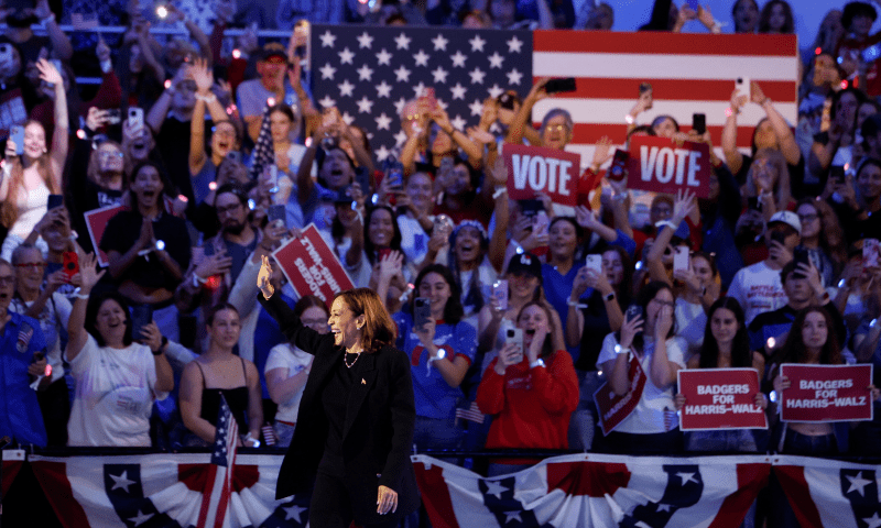 Democratic presidential nominee and US Vice President Kamala Harris reacts at a campaign rally in Madison, Wisconsin, US on Oct 30, 2024. — Reuters