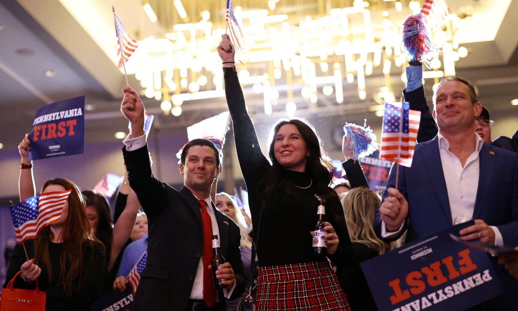  Supporters react during Dave McCormick&rsquo;s Senate campaign watch party in downtown Pittsburgh, Pennsylvania, on Nov 5, 2024. &mdash; Reuters 