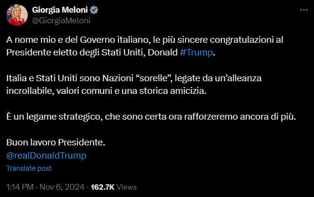 Italy PM says Trump victory will strengthen country&rsquo;s bond with US