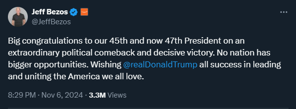 Jeff Bezos congratulates Trump on &lsquo;extraordinary political comeback and decisive victory&rsquo;
