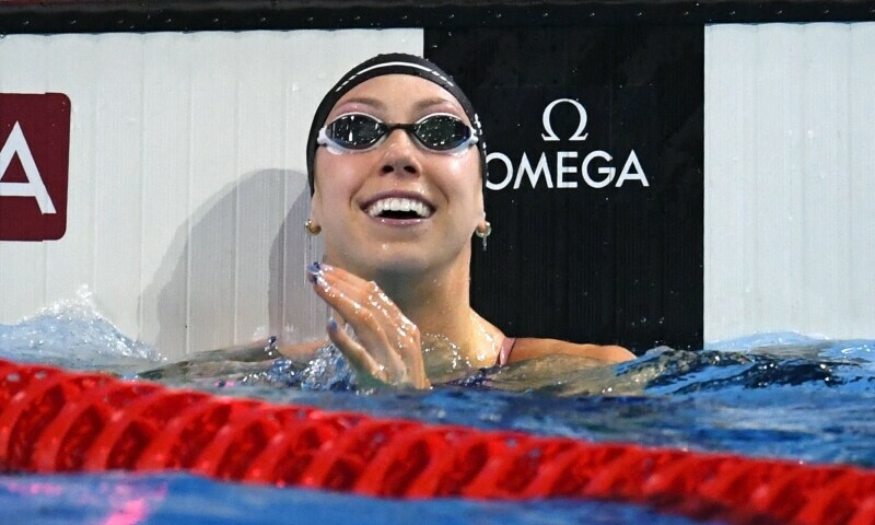 US Gretchen Walsh celebrates winning the Women&rsquo;s 50 meters Freestyle final during the World Aquatics Swimming Championships (25 m) 2024 at Duna Arena in Budapest, on December 15, 2024. &mdash; AFP