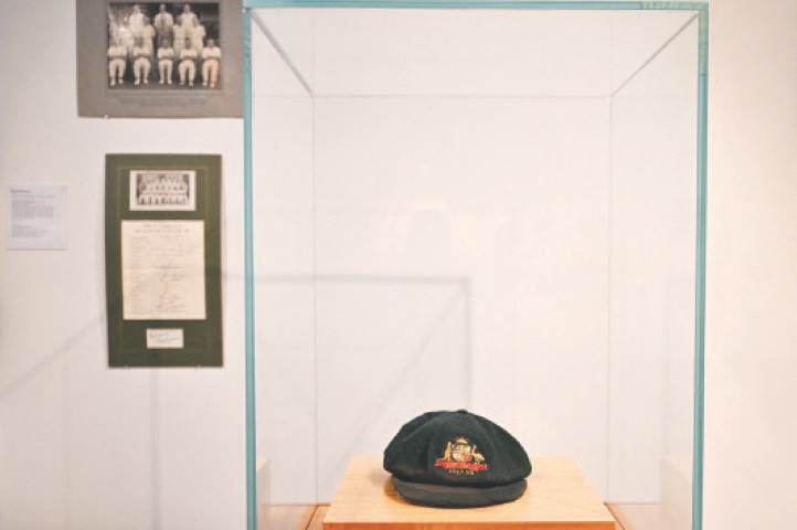 SYDNEY: A cap worn by Australia&rsquo;s greatest cricket legend Don Bradman is on display at an auction house on Monday.&mdash;AFP
