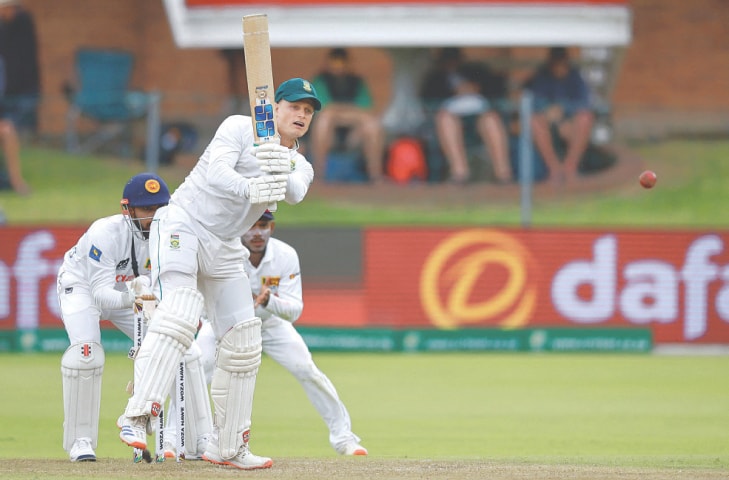 SOUTH AFRICAN batter Ryan Rickelton plays a stroke during the second Test against Sri Lanka at St Georges Park on Thursday.&mdash;AFP