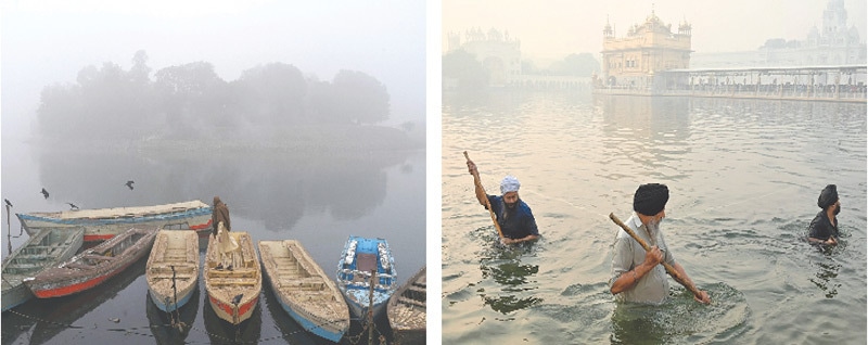 A man walks over boats moored on the banks of river Ravi during smog in Lahore, while (right) volunteers clean the holy pond as thick smog engulfs the Golden Temple in Amritsar.&mdash;AFP / file