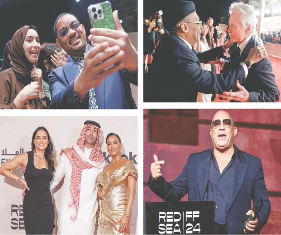 (CLOCKWISE from top left) Will Smith poses for a selfie with fans, director Spike Lee greets Michael Douglas; Vin Diesel accepts an award; and, Michelle Rodriguez and Eva Longoria pose with Saudi filmmaker Mohammed Al Turki at the red carpet at the Red Sea International Film Festival, in Jeddah.—AFP