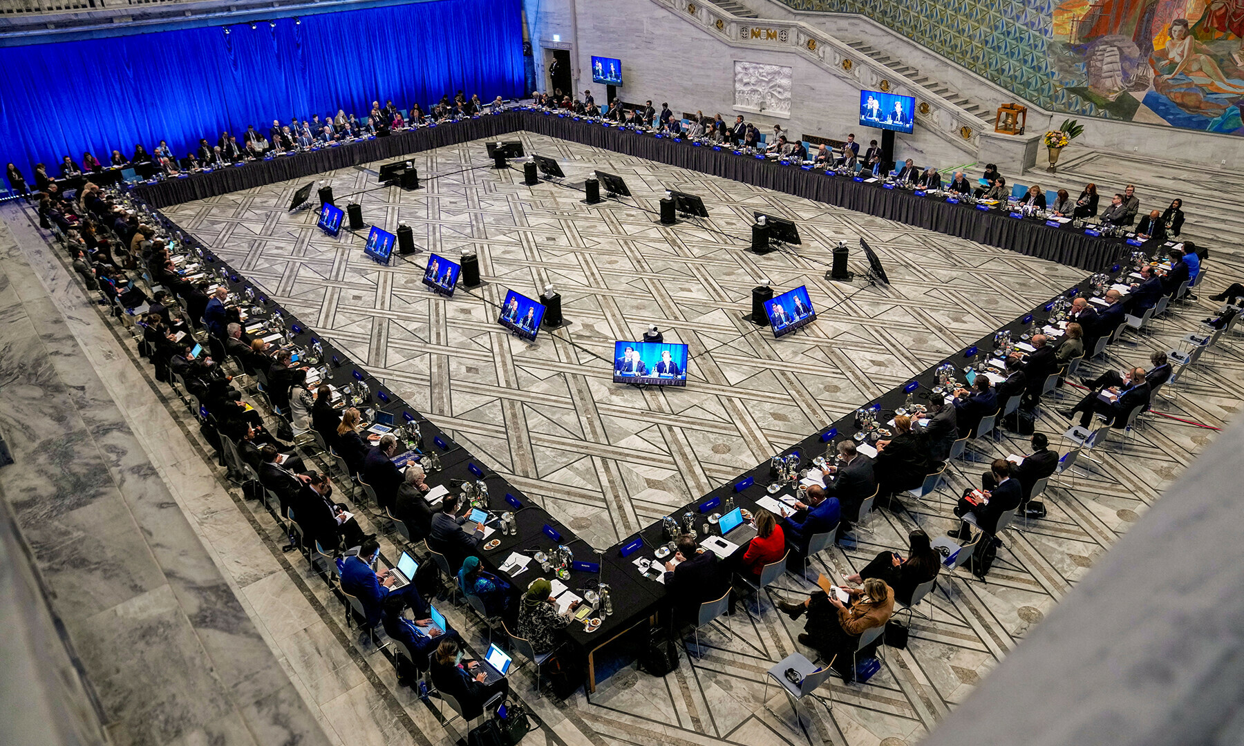 Palestinian Prime Minister Muhammed Mustafa and Norwegian Foreign Minister Espen Barth Eide attend a meeting of the Global Alliance for the implementation of the two-State Solution at Oslo City Hall in Oslo, Norway on January 15.